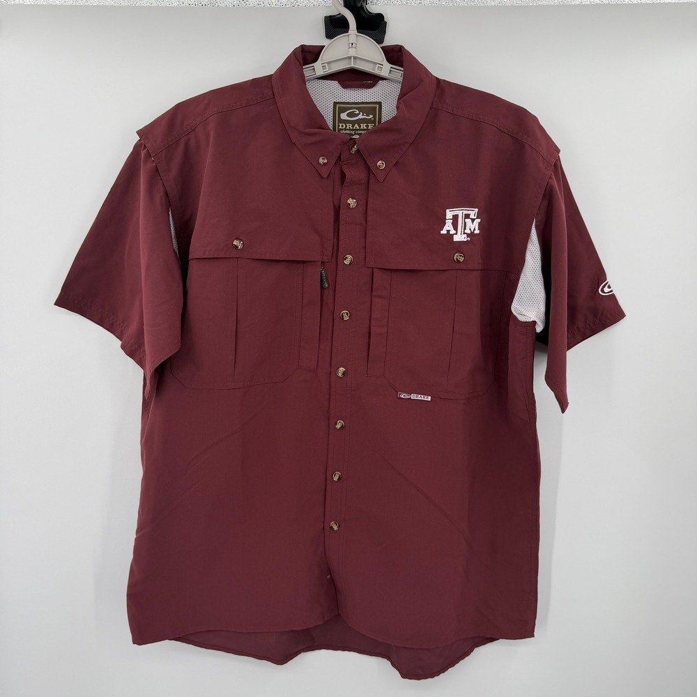 Drake Waterfowl Texas A&M Aggies Fishing Shirt Maroon Short Sleeve Mens Large